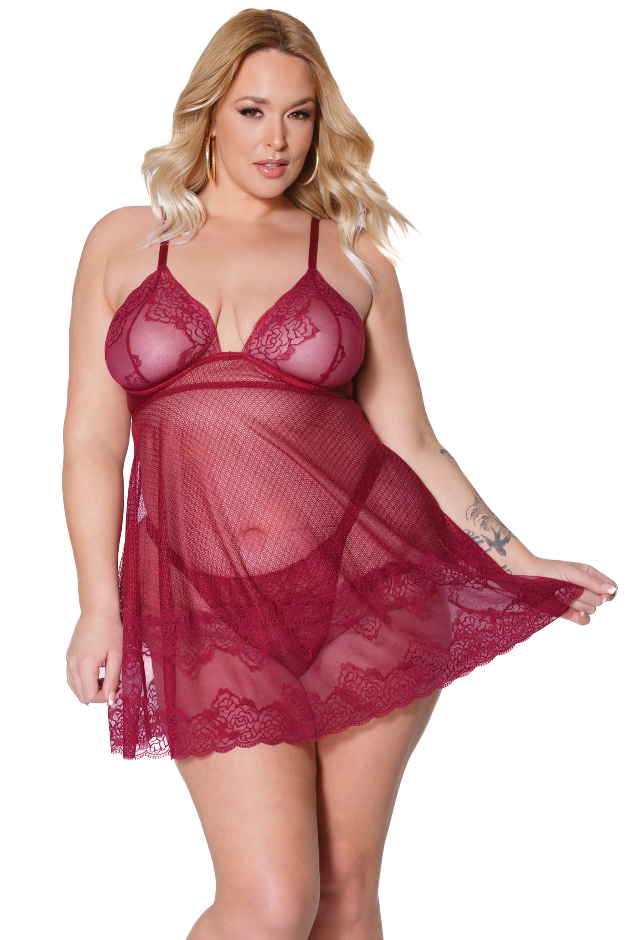 Collection of Pinot Noir Babydoll & Thong Set in a gallery layout