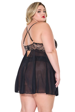 Collection of 24302 PLUS - Babydoll & Thong - Black in a gallery layout