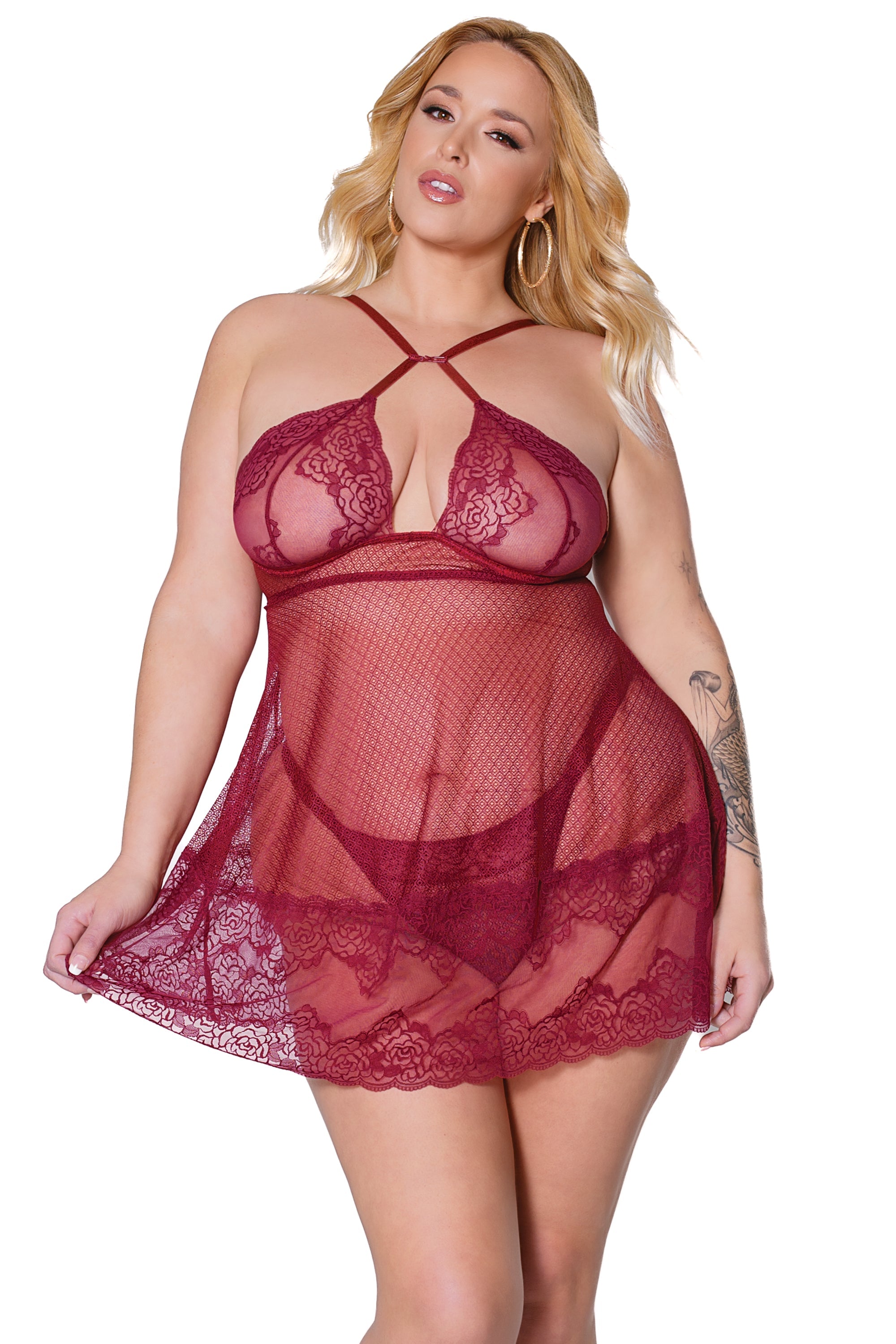 Collection of 22312 - Babydoll & Thong Set - Merlot in a gallery layout