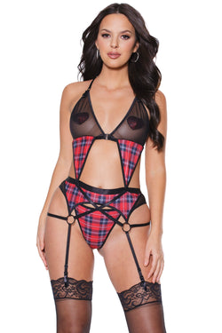 Collection of 22321 - Bralette, Garter Belt & Thong Set - Red Plaid in a gallery layout